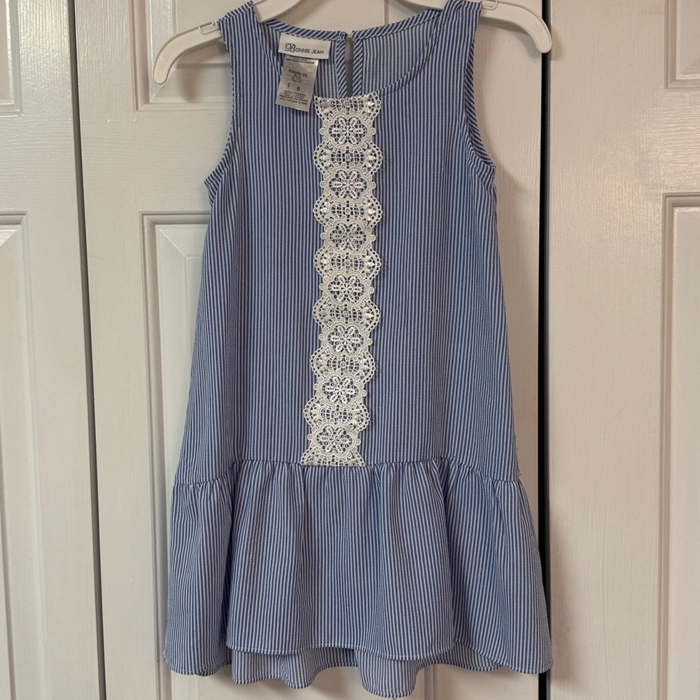 Bonnie Jean Blue and White Striped Dress with Lace